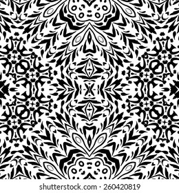 Seamless Floral Pattern, Black Contours Isolated on White Background. Vector