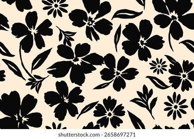 Seamless floral pattern with black flower silhouettes on beige background, perfect for elegant fabric, textile, wallpaper, wrapping paper, fashion, botanical decoration and vintage surface design.