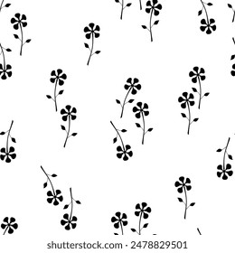 Seamless floral pattern with black flowers on white background