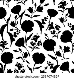 Seamless floral pattern with black flowers silhouettes on a white background. Vector floral print. Hand-drawn illustration, not AI