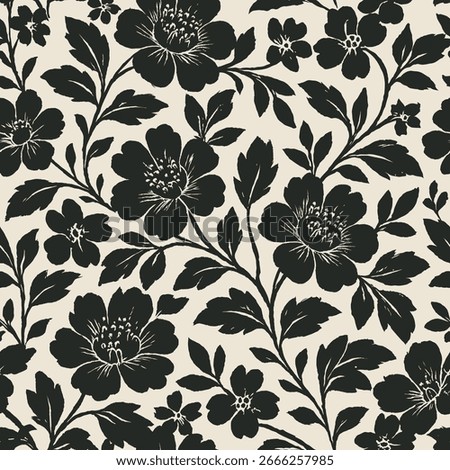 Seamless floral pattern with black flowers and leaves on beige background, elegant botanical illustration for textile, wallpaper, fabric, vintage style design, decorative print