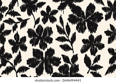 Seamless floral pattern with black hand-drawn embroidered flowers and leaves on cream background, contemporary sketch style textile design for fabric, clothing, decoration and fashion use.