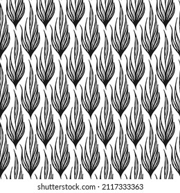 Seamless floral pattern with black ink drawn leaves on white background. Nature vector background. Vector simple print ornament