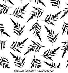 Seamless floral pattern with black ink drawn leaves on white background. Nature hand drawn vector background. Vector simple print ornament