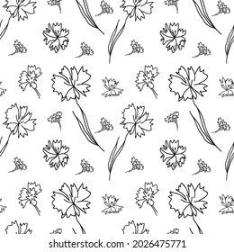 Patrón floral sin soldadura en línea negra sobre fondo aislado de color blanco.Cuto, moderno, fantasía,impresión de doodle dibujado a mano botánica.Diseños para textiles, papel de pared, tela, papel de envoltura, papel de scrapbook.