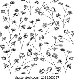 patrón floral sin fisuras, flor de hierba dibujada a mano en línea negra, simple fondo lindo diseño de patrón de repetición sin fisuras para impresión de tela