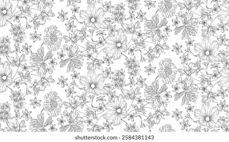  Seamless floral pattern, black on a transparent background, a floral pattern with an intricate design reminiscent of prints on porcelain or fabric.