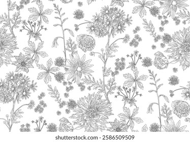 Seamless floral pattern, black on a transparent background, a floral pattern with an intricate design reminiscent of prints on porcelain or fabric.