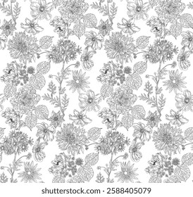  Seamless floral pattern, black on a transparent background, a floral pattern with an intricate design reminiscent of prints on porcelain or fabric.