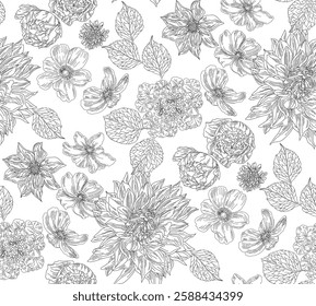  Seamless floral pattern, black on a transparent background, a floral pattern with an intricate design reminiscent of prints on porcelain or fabric.