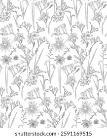  Seamless floral pattern, black on a transparent background, a floral pattern with an intricate design reminiscent of prints on porcelain or fabric.