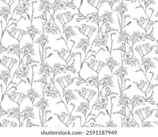  Seamless floral pattern, black on a transparent background, a floral pattern with an intricate design reminiscent of prints on porcelain or fabric.