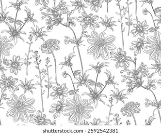  Seamless floral pattern, black on a transparent background, a floral pattern with an intricate design reminiscent of prints on porcelain or fabric.