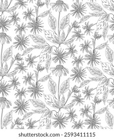 Seamless floral pattern, black on white background, floral pattern with an intricate pattern reminiscent of porcelain or fabric prints.