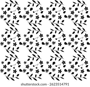 Seamless floral pattern in black on white background, hand drawn in doodle style