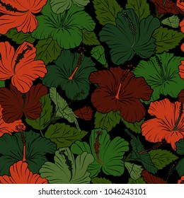 Seamless floral pattern in black, orange and green colors with motley hibiscus flowers. Vector illustration.