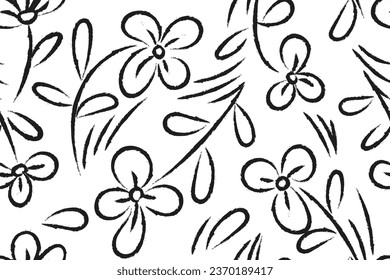 Seamless Floral pattern with with black pencil chalk. Handmade monochrome botanical ornament. Graphics draw simple flowers, leaves, strokes. elements on white background