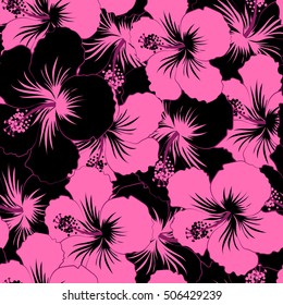 Seamless floral pattern with black and pink hibiscus flowers, watercolor. Vector flower illustration. Seamless pattern with floral motif.
