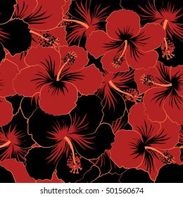 Seamless floral pattern with black and red hibiscus flowers, watercolor. Vector flower illustration. Seamless pattern with floral motif.