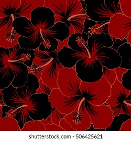 Seamless floral pattern with black and red hibiscus flowers, watercolor. Vector flower illustration. Seamless pattern with floral motif.