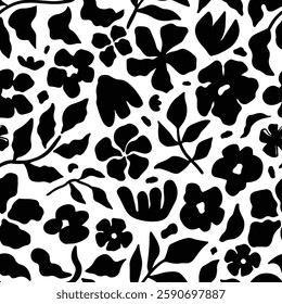 Seamless floral pattern with black silhouette flowers and leaves on a white background. Elegant botanical design for fabric, wallpaper, packaging, and modern creative projects. Vector illustration
