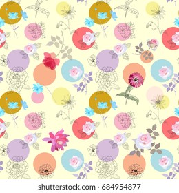 Seamless floral pattern with black silhouette and colorful gardening flowers and round funny spot on light yellow background. Vector illustration.