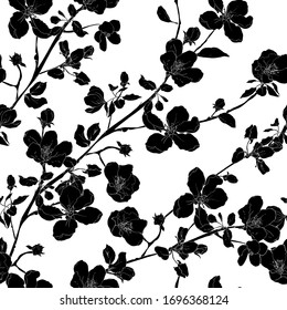 Seamless floral pattern with black silhouettes branches, flowers apple blossom, leaves on white background. Hand drawn. For textile, wallpapers, print, wrapping paper. Vector stock illustration.