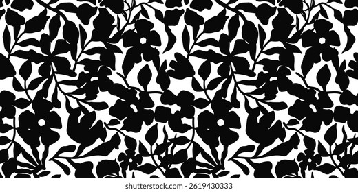 Seamless floral pattern with black silhouettes of flowers and leaves on a white background. Elegant botanical design for fabric, wallpaper, packaging, digital projects. Modern monochrome illustration