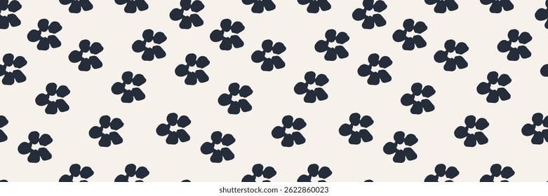 Seamless floral pattern with black silhouettes of flowers and leaves on a white background. Elegant botanical design for fabric, wallpaper, packaging, digital projects. Modern monochrome illustration