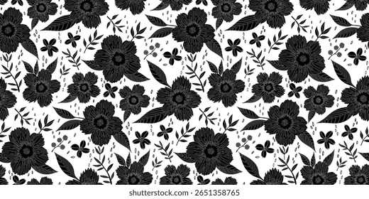 Padrão floral contínuo com silhuetas pretas de flores em um fundo branco. Ideal para estampas de tecido, papéis de parede, papel de presente, papelaria, têxteis e desenhos com tema de primavera ou verão.