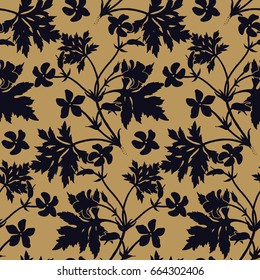 Seamless floral pattern. Black silhouettes of foliage and geranium flowers on a gold background. Vintage vector illustration. Hand drawing. Template for packaging, textiles, paper, wallpaper, fabric.