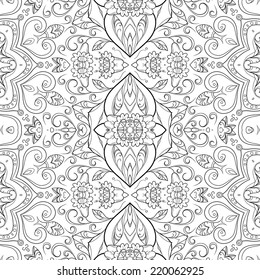 Seamless floral pattern, black symbolical contours isolated on white background. Vector