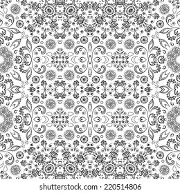 Seamless floral pattern, black symbolical contours isolated on white background. Vector