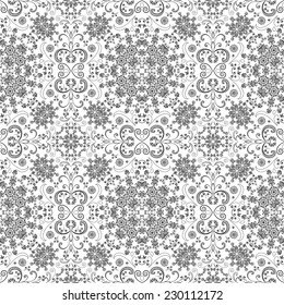 Seamless floral pattern, black symbolical contours isolated on white background. Vector