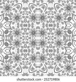 Seamless floral pattern, black symbolical contours isolated on white background. Vector
