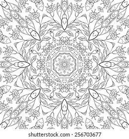Seamless floral pattern, black symbolical contours isolated on white background. Vector