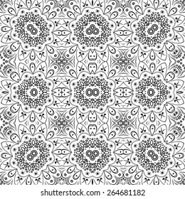 Seamless Floral Pattern, Black Symbolical Contours Isolated on White Background. Vector