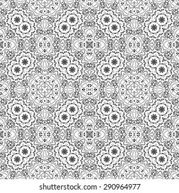 Seamless Floral Pattern, Black Symbolical Contours Isolated on White Background. Vector