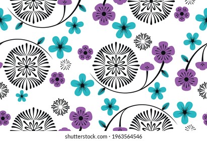 Patrón floral sin foco con líneas delgadas negras, flores estilizadas rosa y turquesa sobre un fondo blanco. Ilustración vectorial en un estilo gráfico para el diseño de papel pintado, textiles, embalaje.