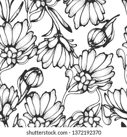 Seamless floral pattern. Black and white calendula floral background. Botany vintage.