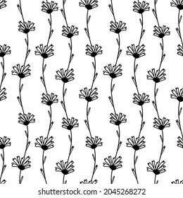 Seamless floral pattern black and white wildflower.Vector botanical with monochrome flowers line print in doodle style.Designs for textiles,fabric,wrapping paper,packaging,social media,web.