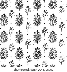 Seamless floral pattern black and white wildflower.Vector botanical with monochrome flowers line print in doodle style.Designs for textiles,fabric,wrapping paper,packaging,social media,web.