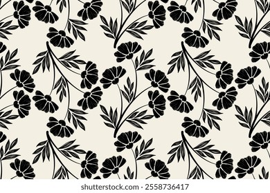 Seamless floral pattern. Black and white flowers on a beige background. Motifs Ikat damask floral vintage embroidery background.geometric ethnic oriental pattern traditional.abstract Aztec-style 