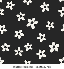 Padrão floral perfeito. Margaridas preto e branco em estilo simples groovy doodle. Fundo infinito, impressão repetitiva, textura com flores, para têxtil, design de papel de embrulho. Ilustração de vetor plano