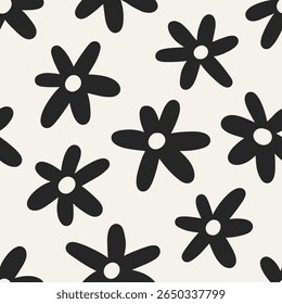 Padrão floral perfeito. Flores pretas e brancas, fundo infinito. Groovy impressão margarida, repetindo textura para tecido feminino, têxtil, papel de parede e design de envoltório. Ilustração de vetor plano