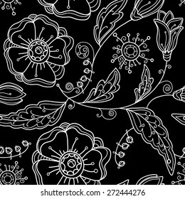 Seamless Floral Pattern. Black And White Graphics. Hand Draw