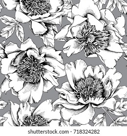 Seamless floral pattern. Black and white Peonies with a stamens and leaves on a gray background. Vector  illustration.