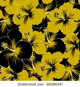 Seamless floral pattern with black and yellow hibiscus flowers, watercolor. Vector flower illustration. Seamless pattern with floral motif.