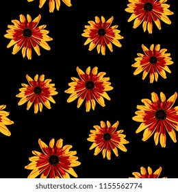 Seamless floral pattern with Black-Eyed Susan flowers. Gloriosa Daisy blossom. Dwarf Marmalade. Rudbeckia hirta. Cartoon style.