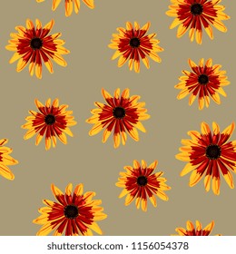 Seamless floral pattern with Black-Eyed Susan flowers. Gloriosa Daisy blossom. Dwarf Marmalade. Rudbeckia hirta. Cartoon style.